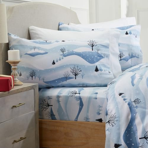 Market & Place 100% Cotton Queen Flannel Sheet Set | 4 Piece Deep Pocket Novelty Cozy Winter Bed Sheets | Double Brushed for Extra Softness & Comfort | Alpine Collection (Queen, Winter Landscape)