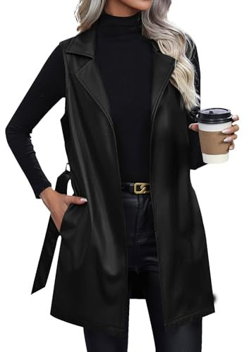 FUPODD Leder Weste Damen Lang Lederjacke Damen Ärmellos Kunstlederweste Revers Ledermantel Motorradweste Mit Gürtel Übergangsjacke Mantel Winter Herbstjacke Frauen Damen-Westen Casual Trenchcoat