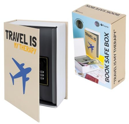 Fisura – Coffre-fort en forme de livre travel is my therapy. Coffre-fort livre original avec serrure à combinaison. Caisse à argent cachée. Dimensions 18 x 11,5 cm