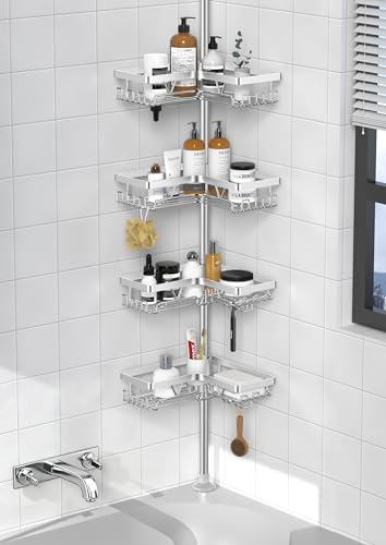 Daoun Rostfreie Eck-Dusch-Caddy Spannstange, 4-stöckig, verstellbare Duschspannstange, Organizer für Badewanne/Badezimmer, ohne Bohren, Stehregal, Ecke, Silber