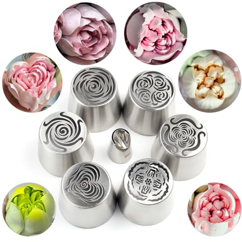 6 Pieces Stainless Steel Extra Large Russian Tulip Icing Tips Kit, Cupcake Dessert Marshmallow Piping Nozzles Set,1 Cleaning Brush,1 Medium Ruffle Icing Tip for Cake Decorations,Pastry Baking Tools