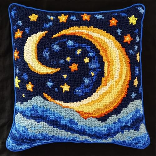 Kit di ganci a chiusura per cuscino,kit di ricamo,Stelle e luna dei cartoni animati,gancio di chiusura per cuscino principianti,federa per cuscino da divano,43x43cm