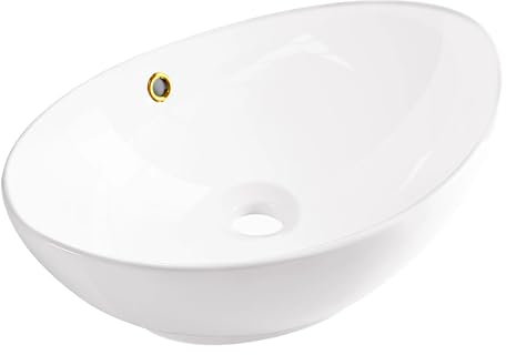 AQUAUNO Lavabo da appoggio MAYA, 59 x 39 cm, ovale, in ceramica bianca, senza foro per rubinetto, con troppopieno, oro, sanitari bagno
