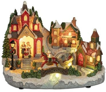 formano LED vinterlandskap 29 x 24 cm julby ljus och rörliga figurer – handmålad och upplyst – detaljerad dekoration av konstgjord sten med snögubbe och körsångare