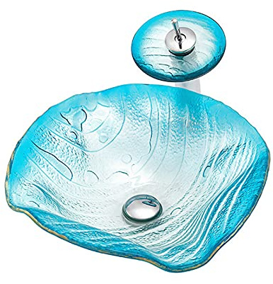 Lavandino da appoggio per Bagno, lavabo in Vetro temperato Dipinto a Mano, mobiletto Artistico con Scarico a Scomparsa, Rubinetto a Cascata