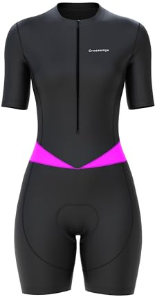 Crossedge Women Cycling Skinsuit Half Sleeve with Mesh Triathlon One Piece Hi-Viz Reflector and Leg Grippers One Back Pocket Ladies Bib Short. (Black/Pink, Medium)