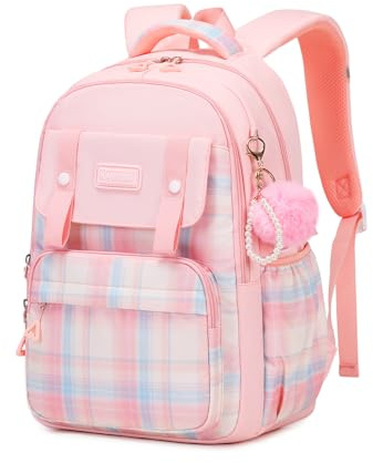 Sisipoet Sac à Dos Fille Cartable Carreaux Imperméable pour Collège Lycée | Cartable Fille Primaire, Sac à Dos Enfant, Sac à Dos École, Multi-Poches, Bande Réfléchissante, Ergonomiques