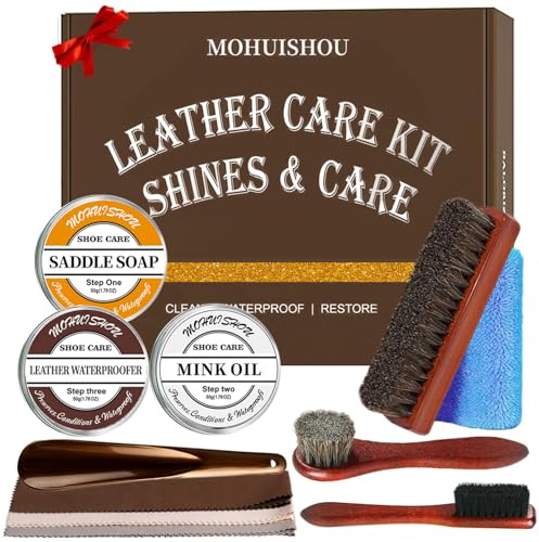 12 PCS Leather Care Kit - Horsehair Brushes,Saddle Soap,Waterproofing Wax,Mink Oil ,Polishing Cloth,Microfiber cloth,Boot Shoe Shine Cleaning Kit Gift for Men Cowboy Husband Dad birthdays Festive