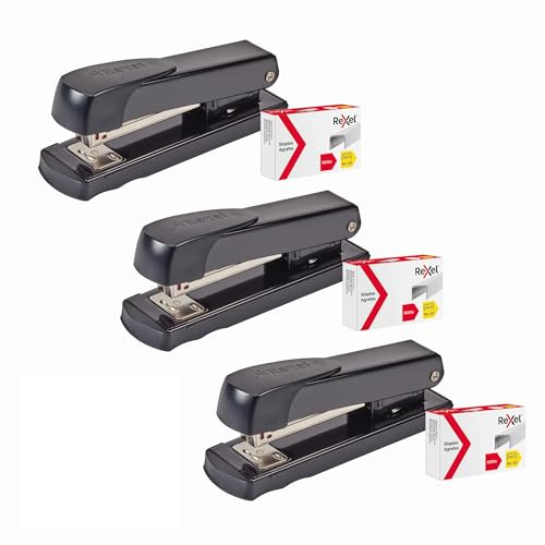 Rexel Meteor Half Strip Stapler with 1000 26/6 Staples (Pack of 3), 20 Sheet Capacity, Metal Desktop Stapler with Ergonomic Grip, Black (2115734)