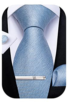 DiBanGu Mens Silk Necktie Solid Color Tie and Pocket Square Cufflink Tie Clip Set Woven Plain Ties for Men Wedding Party, Light Blue