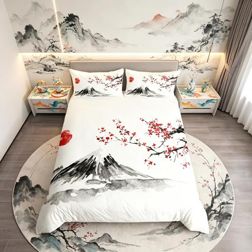 Körsbärsblom påslakanset för flickor kvinnor super kingsize elegant japansk stil sängkläder set tonåring sovrum dekor exotisk Fuji berg täckskydd naturligt landskap konst sängöverkast, mjuk, dragkedja