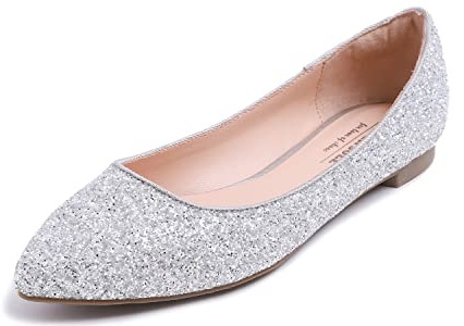 Feversole Women's Sparkle Memory Foam Cushioned Colorful Shiny Pointed Ballet Flats Pumps Glitter Icesilver Size 6