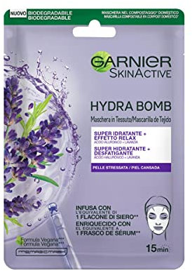 Garnier Maschera in Tessuto Skin Active Hydra Bomb, Super Idratante ed Effetto Relax, Con Acido Ialuronico e Lavanda, Per Pelli Stressate, 28 gr