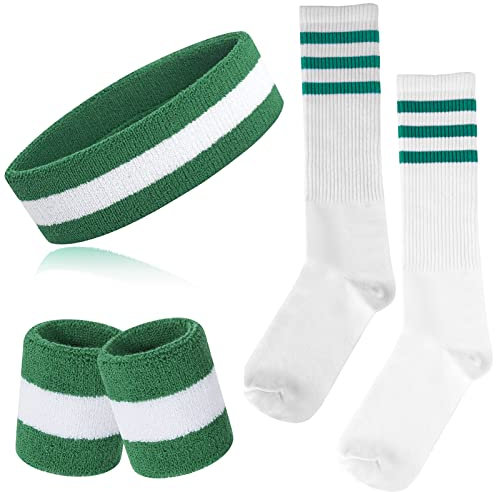 ONUPGO 5-teiliges Gestreiftes Schweißband und Socken-Set - Stirnband, Schweißbänder, Hohe Socken für Männer, Frauen, Sport und 80er-Party (Green/White/Green)