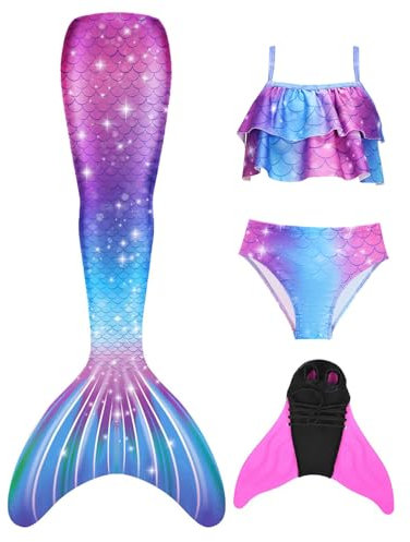 BAWADE Meerjungfrauenflosse Mädchen Meerjungfrau Flosse mit Bikini Setfür Kinder und Monoflosse（4 Stück）