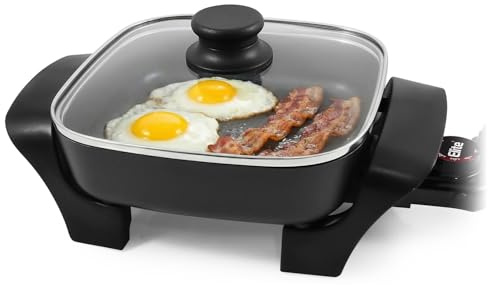 Elite Gourmet EG808 - Sartén eléctrica antiadherente de 8 x 8 pulgadas, apto para lavaplatos con tapa ventilada de vidrio templado, calentamiento rápido, 600 W, negro