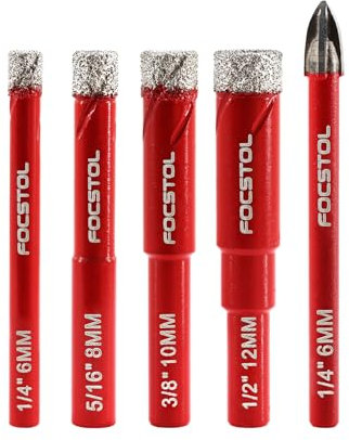 FOCSTOL Juego Brocas Diamante Seco - 4 piezas 6/8/10/12mm Broca Corona+1 pieza 6mm Taladro Carburo con Vástago Redondo para Gres Porcelanico Cerámica Granito Mármol Cuarzo