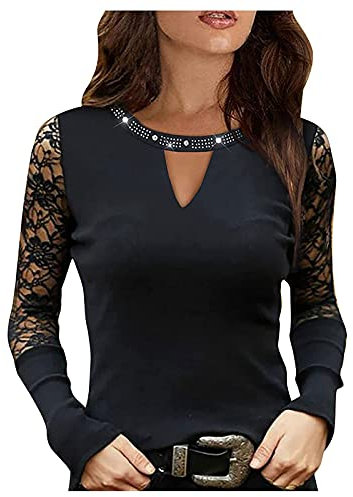 HOOUDO Damen Langarm Oberteil Lange Rheinstine-Frauenbluse Pullover Damen Enganliegend (Black, L)