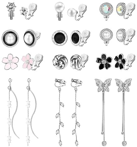 Dochais 12 Pairs Clip On Earrings Set for Women - Hypoallergenic Silver Non-Pierced Crystal Round Star CZ Pearl Flower Butterfly Design