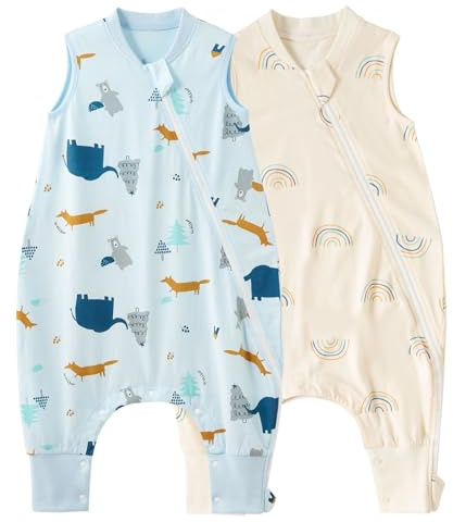 Duomiaomiao Pack de 2 sacos de dormir para bebé con pies, 0,5 tog verano dibujos animados niños saco de dormir ligero de algodón de alta calidad, adecuado para niños de 6 meses a 6 años