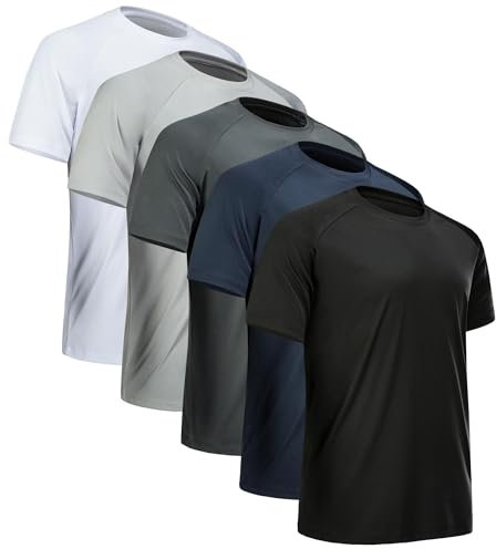miijoory Mens Gym Shirts Quick Dry Performance Plain Workout Tops Short Sleeve Sports Running T Shirt 5 Pack (L, White, Black, Dark Grey, Light Grey, Navy)
