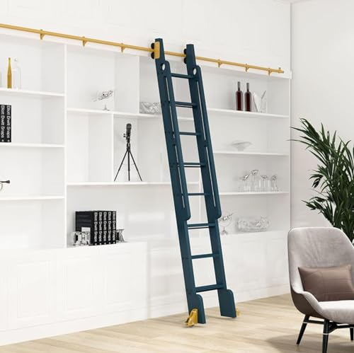 Runt rör glidande biblioteksstege Hårdvara Rullande komplett set spårsats (ingen stege) för hem/inomhus/loft, golvrulle med broms, gyllene färg (storlek: 9,8 fot/300 cm bandsats)