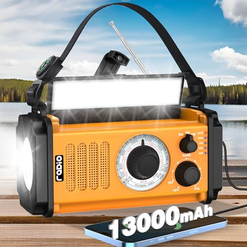 48100mWh Crank Emergency Weather Radio, Manovella Solare NOAA/AM/FM Radio, Portatile Dynamo Radio, Torcia & Lampada da Lettura, SOS, Jack Auricolari, Bussola per uragano tempesta Campeggio Outdoor