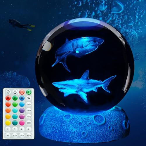 POSSHE Lampada notturna a forma di squalo, con sfera di cristallo 3D, regalo a forma di squalo, con telecomando a 16 colori, sfera da 8,9 cm, decorazione per la stanza, per ragazzi e ragazze, regalo