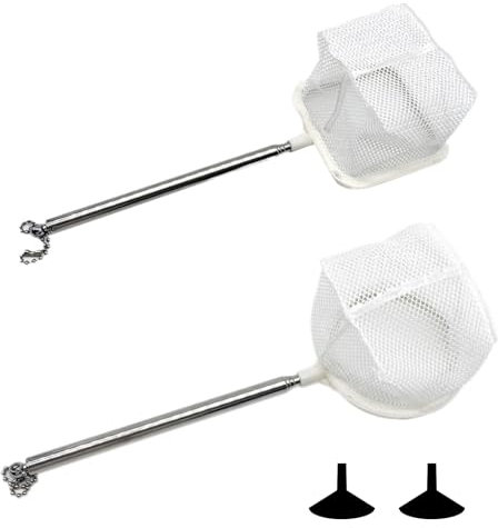 Amexo Aquarium Kescher Fischnetz 7cm, 2Pcs Runde Fishing Kescher Quadratischer Fischkescher mit Ausziehbar Griff aus Edelstahl 15-48cm, Klein Fischkescher Weiches Feines Netz