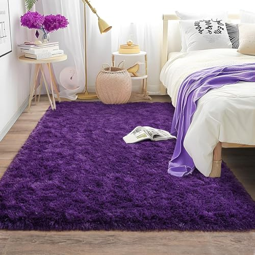 BSGIFT Alfombra para salón, 140 x 200 cm, color lila, de pelo largo, mullida, moderna, para salón, cama, alfombra de pelo alto, antideslizante, para dormitorio, habitación infantil