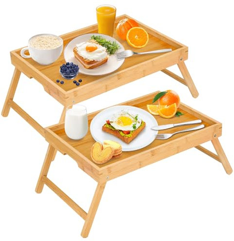 Micnce Vassoio da colazione con gambe pieghevoli, vassoio in bambù per colazione a letto, vassoio da portata per cucina, divano, mangiare, utilizzato come vassoio per laptop, snack, confezione da 2,