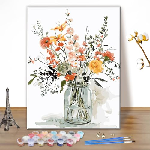 MEIYUDA Pintar por Numeros Adultos Flor Acuarela, DIY Cuadro al óleo con Números para, Kit de Pintura al óleo Digital para Adultos de Lienzo, Decoración para el Hogar 30x40cm(sin marco)