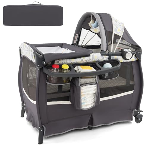 RELAX4LIFE 4 in 1 Lettino Neonato da Campeggio, Culla Next to Me con Fasciatoio, Culla Neonato Fianco Letto, Ruote Bloccabili e Borsa per il Trasporto, per Bambini 0-36 Mesi (Grigio+Foglie)