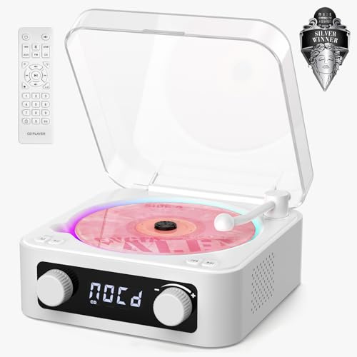 CD Player with Built-in Speakers Portable Bluetooth Input&Output Desktop CD Players for Home with Screen Display, Ambient Lighting, FM Radio, White Noise Mode, Remote Control, USB Type-c (White)