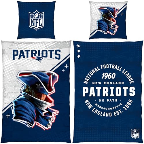NFL New England Patriots Go Pats - Set di biancheria da letto double-face, 135 x 200 cm + 80 x 80 cm, 100% cotone renforcé American Football Fan