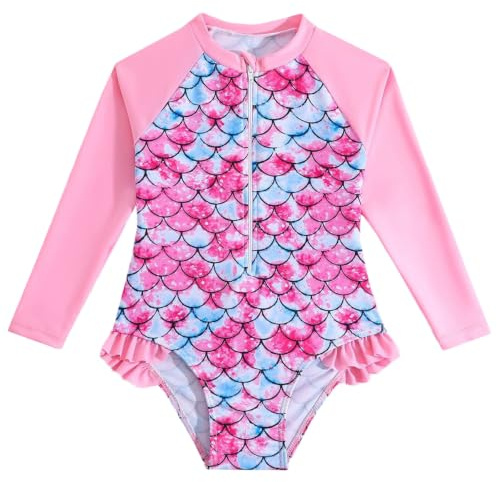 JiAmy Baddräkt, flicka, onepiece, långärmad Uv badkläder barn, sommar, baddräkt för flickor 3–8 år, ROSA, 9-10 år
