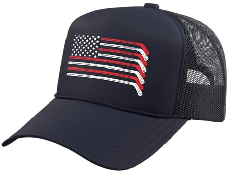 Ice Hockey Sticks US Flag Patriotic Player Men Boys Kids Trucker Hat with Adjustable Mesh Back, Navy Blue
