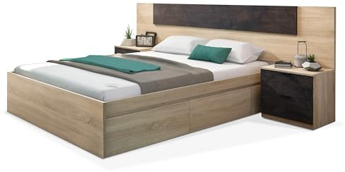 Cabezal con Dos Mesitas de Noche en Roble y Oxido 247x50x38 cm