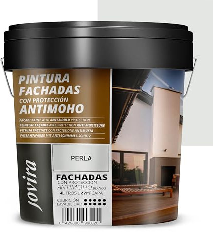 JOVIRA PINTURAS PINTURA FACHADAS ANTIMOHO. Repelente al agua, impermeable y anti fisuras. (4 Litros, Perla)