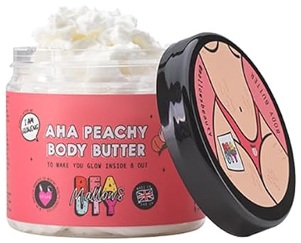 Mallows Beauty Shea Body Butter, with Essential Oils, Vitamin A, Vitamin E, and Shea Butter, Gently Exfoliates and Brightens Skin, Vegan, 180g (AHA Peachy)
