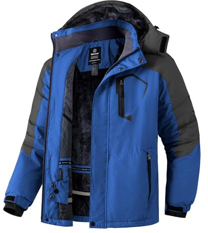 Wantdo Chaqueta de Esquí de Montaña para Hombre Abrigo de Invierno Impermeable con Capucha Cazadora de Snowboard Cálida Chaqueta al Aire Libre Antiviento Hombres Gris Oscuro y Azul-N M