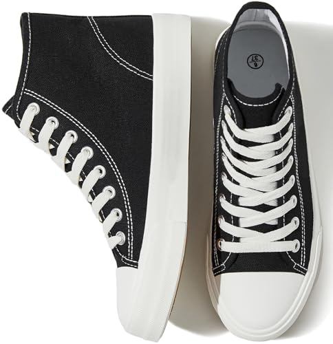 Uoidru High Top Sneakers for Women Canvas Shoes White Canvas High Tops Women Casual Shoes Lace Up Fashion Sneakers (Black,US8)
