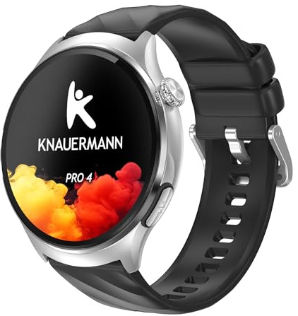 Knauermann PRO 4 EKG-Gesundheitsuhr mit Telefonfunktion – Smartwatch in Silber – Puls, Blutdruck, Blutsauerstoff, HRV, Schlafanalyse – Für Damen und Herren – Silikonarmband Silber
