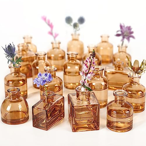 Små miniblomvaser – set med 20 bärnstensfärgade knoppvaser – vintage rustika bordsuppsatser för bröllop, evenemang och heminredning – premiumkvalitet, tidlösa mönster