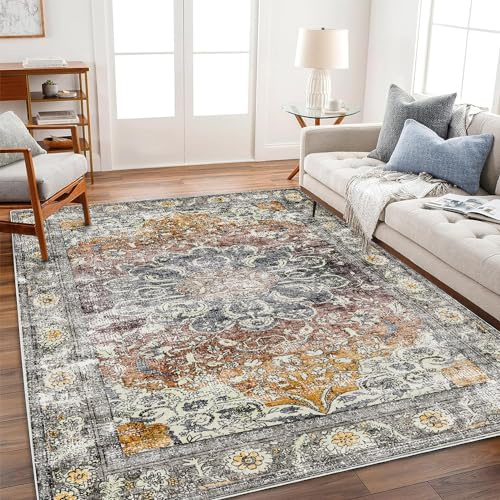 CHAMPLANT Area Rug 8x10 Washable Rug Taupe Vintage Traditional Mat Distressed Indoor Foldable Thin Retro Accent Rug Floral Print Non Slip Carpet Living Room Dining Room Office