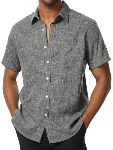 PARKLEES Camisas de manga corta con botones para hombre, sin arrugas, de lino, con textura, casual, vacaciones, playa, verano, Gris (Smoke Grey), Large