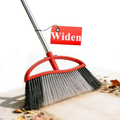 MuLing Commercial Heavy Duty Outdoor Broom, 15.7 Extra Wide Angle Broom with 4-Layer Stiff Bristles, Adjustable 38-53.5 Handle for Patio Garage Garden Yard Concrete (Red)