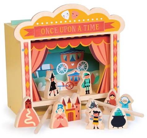 Mentari Juguetes - Teatro de mesa de madera - Escenario con fondos intercambiables, accesorios, personajes magnéticos móviles - Juego creativo para niños - Desarrolla habilidades motoras, narración e