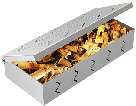 Caja para ahumar para parrilla de carbón,Caja para ahumar barbacoa,Contenedor de astillas de madera para barbacoa | Caja ahumadora para asar barbacoa de acero inoxidable de 22x10 cm para