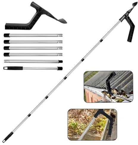 Aolawco Herramientas de limpieza de canalones de 2,5 m con cepillo de canalones y pala de hojas, limpiador telescópico de canalones con poste de 7 secciones